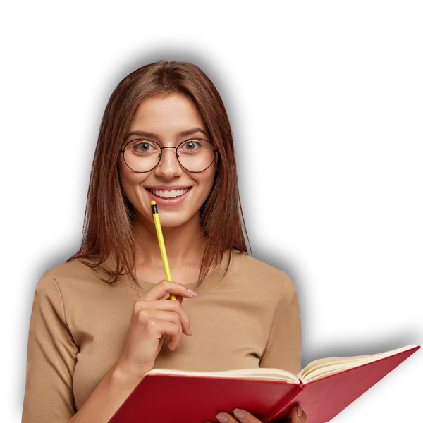 An academic writer in glasses, holding a book and a pencil.