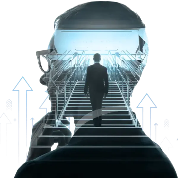 An image of a man standing in front of a staircase with arrows in the background, representing business growth.