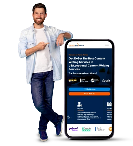 A man standing next to a mobile phone with a real estate app, showcasing the importance of having an online presence for professional content writing services.