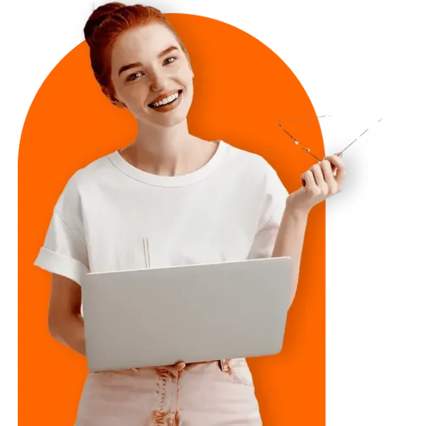 A woman, representing ProntoWriters, holding a laptop to showcase online presence services offered by one of the leading content writing agencies. The vibrant orange background adds a touch of excitement and energy to