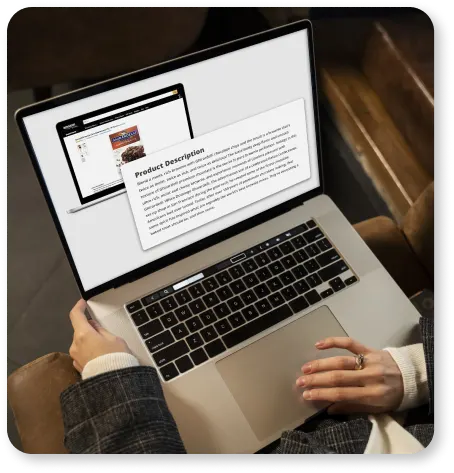 A woman, representing a professional content writing service provider, is sitting in a chair with a laptop on her lap.