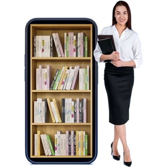 A woman standing in front of a bookcase, showcasing her collection for book marketing services.